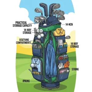 Illustration highlighting the numerous storage pockets on a 14 way golf bag, ideal for golf balls, apparel, and accessories.