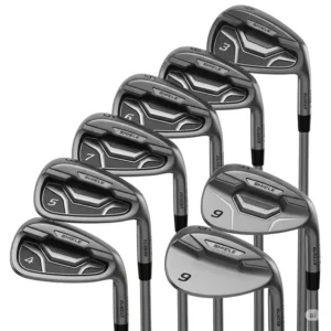 A full set of perimeter-weighted irons specifically engineered as the best senior golf clubs, showcasing thicker top lines and wider soles for enhanced forgiveness.