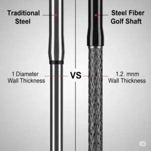 Visual comparison of **steel fiber golf shafts** next to traditional steel shafts, highlighting key design differences.