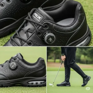 Durable black golf shoes with waterproof technology, perfect for any weather condition.