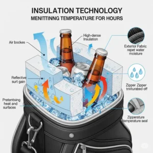 Illustration showcasing the insulation technology of a golf bag cooler, maintaining beverage temperature for hours.
