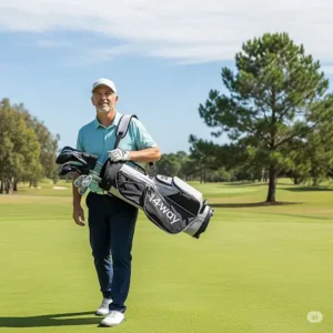 A golfer comfortably carrying a lightweight 14 way golf bag with a padded shoulder strap, demonstrating its portability on the course.