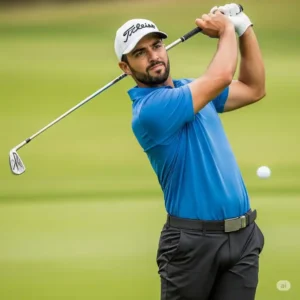 Golfer demonstrating a powerful swing with a responsive **steel fiber golf shafts**, designed for optimal energy transfer.