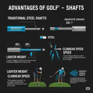 Infographic demonstrating the benefits of graphite design golf shafts, including lighter weight and increased clubhead speed, compared to traditional steel shafts.