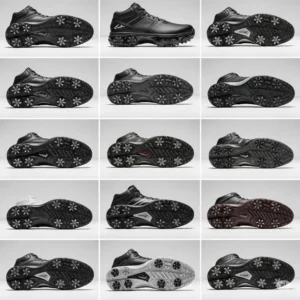 Collection of high top golf shoes displaying different outsole patterns for superior grip on the course.