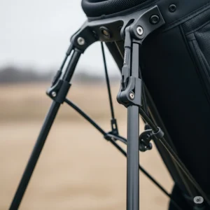 Detailed view of the durable stand mechanism on a hybrid golf bag, providing stability on any terrain.
