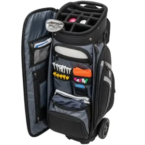  Interior view of a golf bag with wheels, showcasing ample storage compartments for clubs and accessories.
