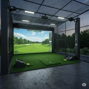 Advanced technology in an outdoor golf simulator: high-definition screen and precise swing sensors.