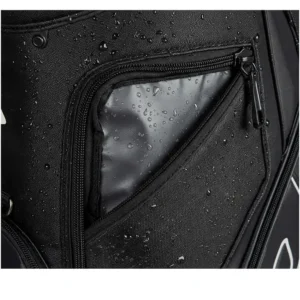 Detail of a waterproof pocket on a high-quality golf bag, keeping valuables dry in the best golf bag.
