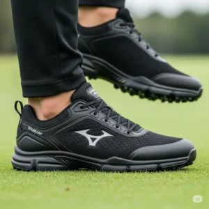 Comfortable black golf shoes, emphasizing cushioning and support for long rounds.
