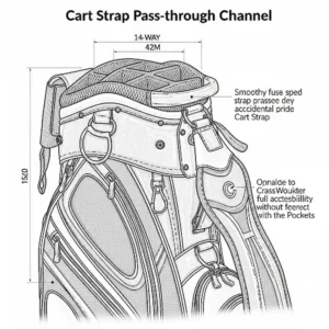 Detail illustration of a 14 way golf bag's cart strap pass-through channel, ensuring secure attachment to a golf cart without hindering pocket access.