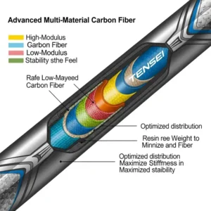 Diagram showing the advanced multi-material carbon fiber layers within a tensei golf shaft for enhanced stability and feel.
