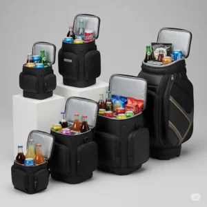 Various sizes of golf bag cooler, demonstrating different capacities for holding drinks and snacks during a round of golf.
