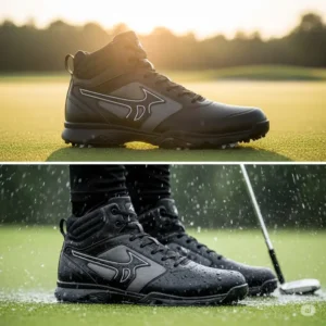 High top golf shoes shown in both wet and dry conditions, highlighting their waterproof and all-weather performance.