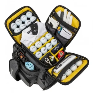 Open pockets of a hybrid golf bag displaying ample storage for accessories, apparel, and golf balls.