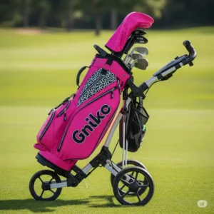 A vibrant pink golf bag securely placed on a golf cart, ready to transport essential gear around the course.