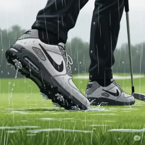 Illustration depicting Air Max golf shoes performing well in damp conditions, emphasizing water resistance and stability.