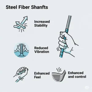 Infographic illustrating the numerous benefits of **steel fiber golf shafts**, including improved stability and reduced vibration.
