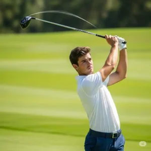 A golfer in mid-swing, demonstrating the flexibility and power transfer of a tensei golf shaft in a driver.