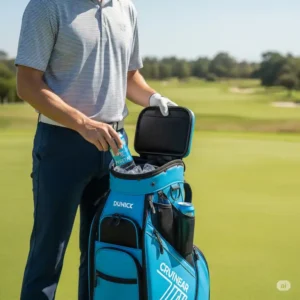 A golfer reaching into their golf bag cooler to grab a refreshing drink on the green.