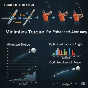 Graphic representation of how graphite design golf shafts minimize torque for improved accuracy and optimize launch angle for ideal ball flight.