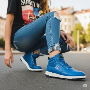 A stylish pair of high top golf shoes casually worn off the course, demonstrating their versatility and modern appeal.