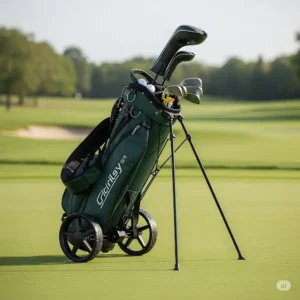 A golf bag with wheels also featuring a stable stand mechanism for quick setup on the course.