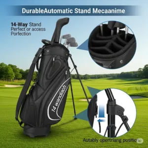 Illustration showcasing the durable, automatic stand mechanism of a 14 way stand golf bag, perfect for easy access on the course.