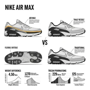 Infographic comparing the design and performance benefits of Nike Air Max golf shoes against traditional golf footwear.

