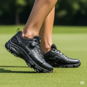 Black golf shoes providing stability during a powerful golf swing.