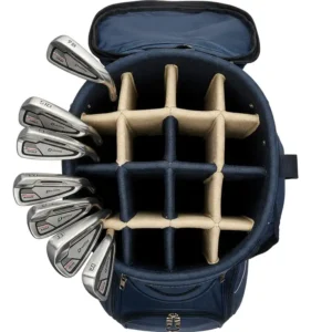 Top view of a golf bag showing individual dividers for easy club organization and protection in the best golf bag.