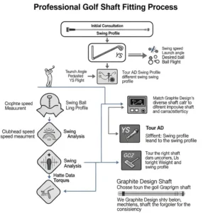 Flowchart detailing the professional golf shaft fitting process, emphasizing how to choose the right graphite design golf shafts for individual swing characteristics.