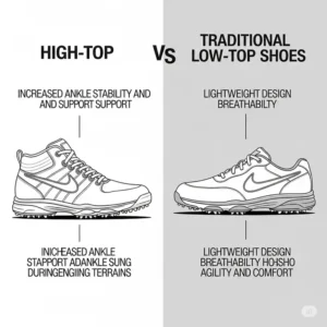 Visual comparison illustrating the key differences and benefits between high top and traditional low top golf shoes.