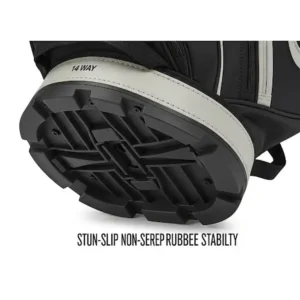 A 14 way golf bag with its matching rain hood attached, protecting golf clubs from adverse weather conditions.