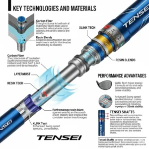 Infographic illustrating key technologies and materials used in the construction of tensei golf shafts, like Xlink Tech.