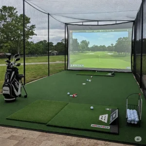 Essential accessories for your outdoor golf simulator setup, including hitting mats and safety nets.