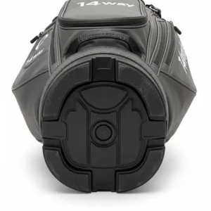 Durable, non-slip base of a 14 way golf bag, designed for stability when standing upright or loaded onto a golf cart.