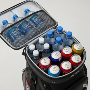 Assorted beverages, like water bottles and cans, neatly stored inside a spacious golf bag cooler.