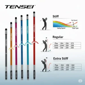 A visual representation of various tensei golf shaft flex options, including stiff, regular, and extra stiff.
