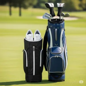 A compact golf shoe bag positioned neatly beside a full golf bag, demonstrating a complete and organized golf setup.