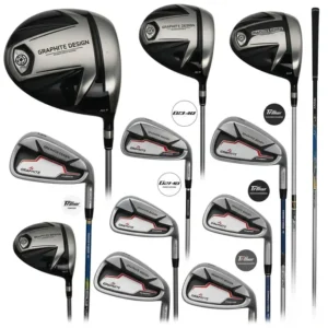 Collage showcasing a range of golf clubs, from drivers to irons, equipped with various graphite design golf shafts for enhanced performance.

