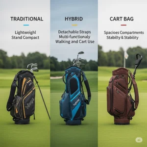Visual comparison highlighting the versatile design of a hybrid golf bag alongside a traditional stand bag and cart bag.