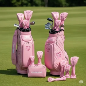 Matching pink golf bag accessories, including stylish headcovers, complementing a complete golf setup.