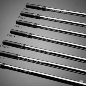 Assortment of **steel fiber golf shafts** displaying different flexes and weight options for various golfer preferences.