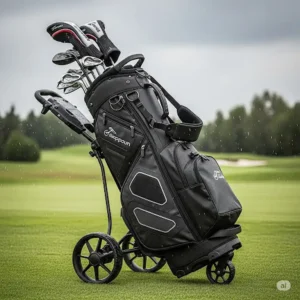 A waterproof golf bag with wheels, protecting golf equipment from various weather conditions.