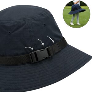 Illustration detailing the adjustable strap feature on a practical golf bucket hat.