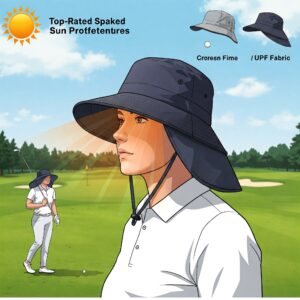Illustration highlighting the sun protection features of a top-rated golf bucket hat.