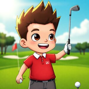 Illustration of a child wearing a sporty red golf shirt.