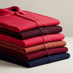 A collection of red golf shirts in various shades, from bright to deep red.