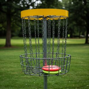A disc golf basket, the target players aim for in the sport of disc golf disc set.